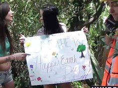 Teen chicks saving the trees via fucking the woodcutter