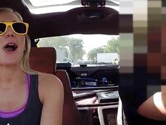 Blonde babe gives the Pawnshop owner a blowjob in her car